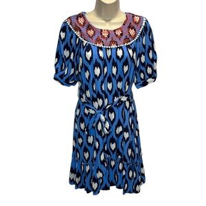 THML Women's Shift Mini Blue Short Sleeve Embroidered Boho Dress Size S